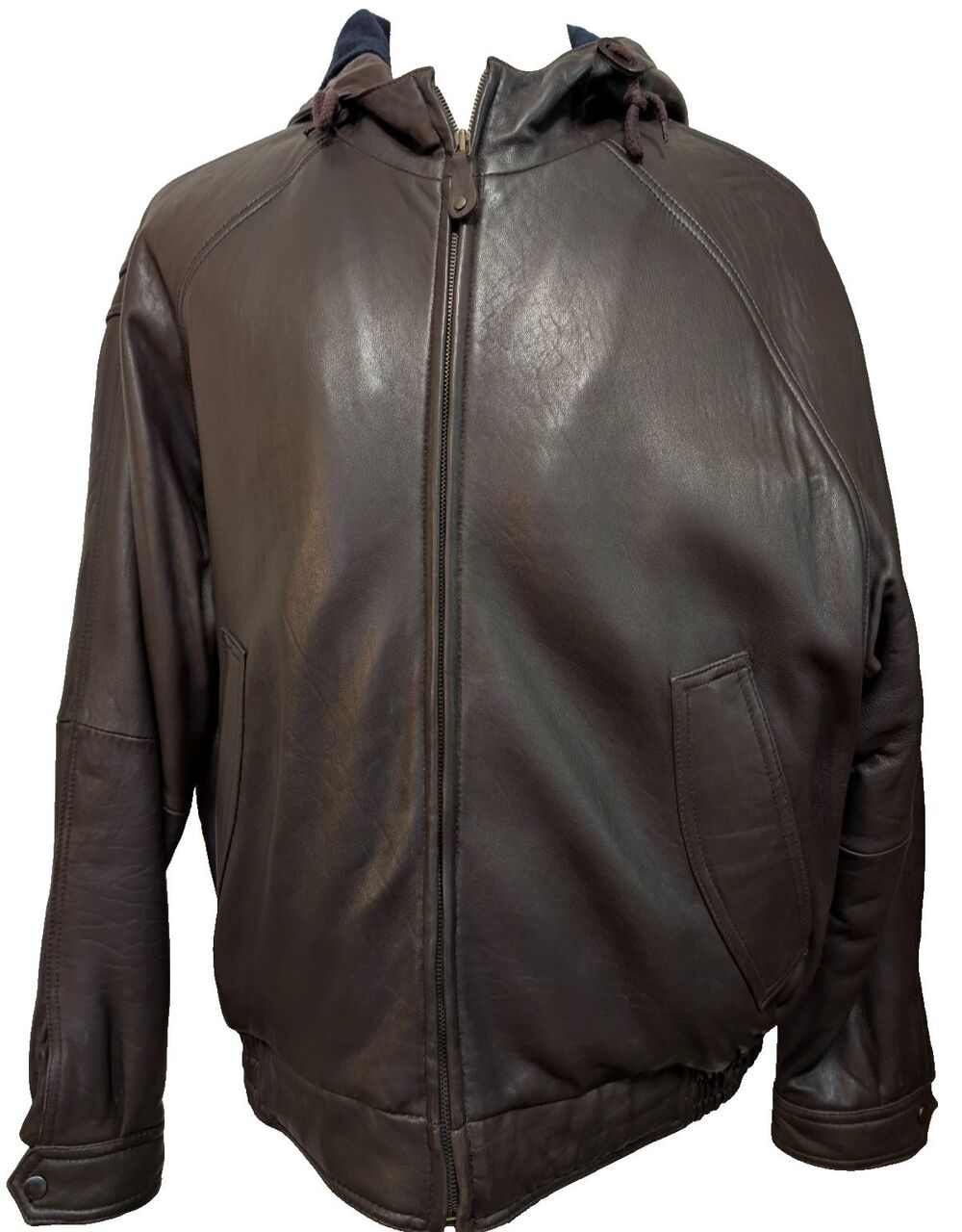 Vtg Ottimo Leather Hooded Bomber Jacket Men's XL Dark Brown Hood Fleece Lined